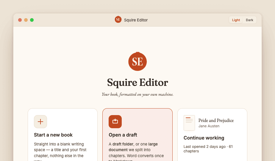 Squire Editor welcome screen: start a new book, open a draft, or continue working