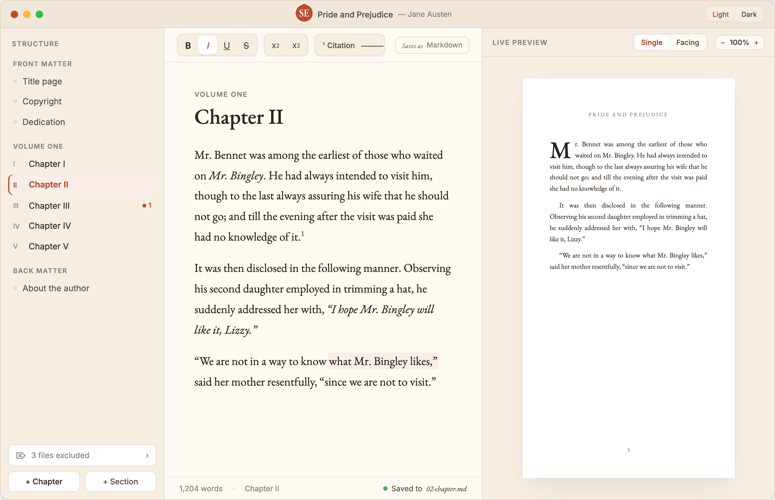 Squire Editor workspace with a live typeset preview of a book page